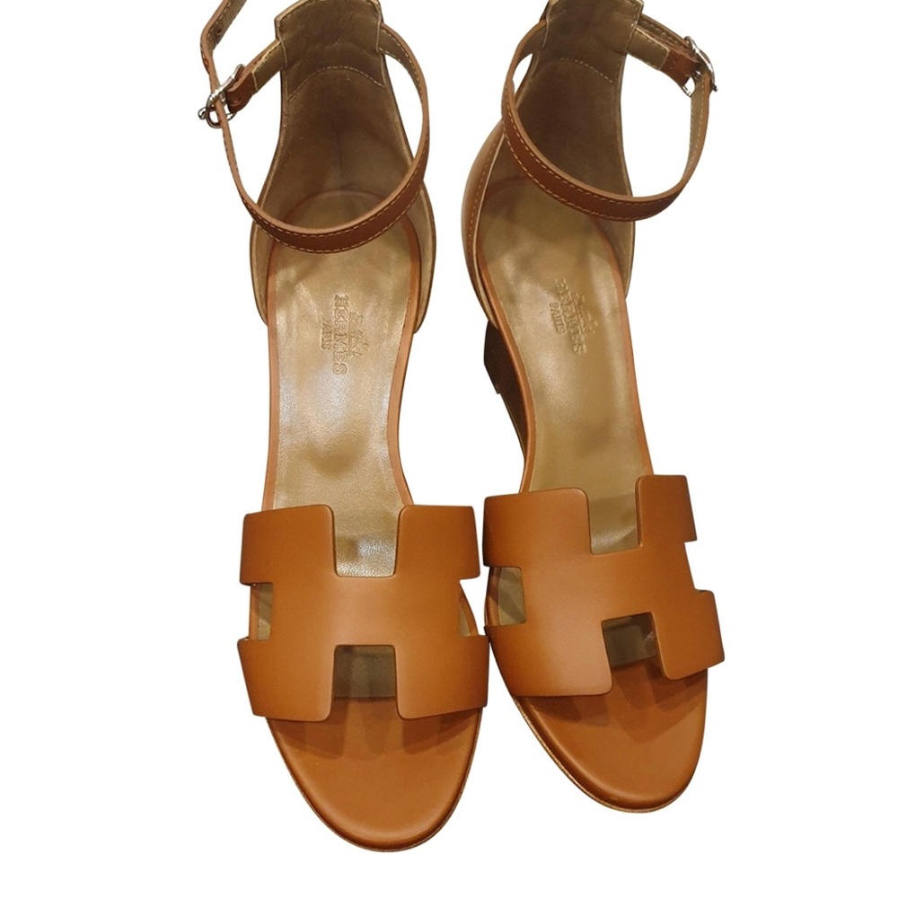 Hermes Legend Sandal in calfskin with iconic "H" cut-out, wedge heel.